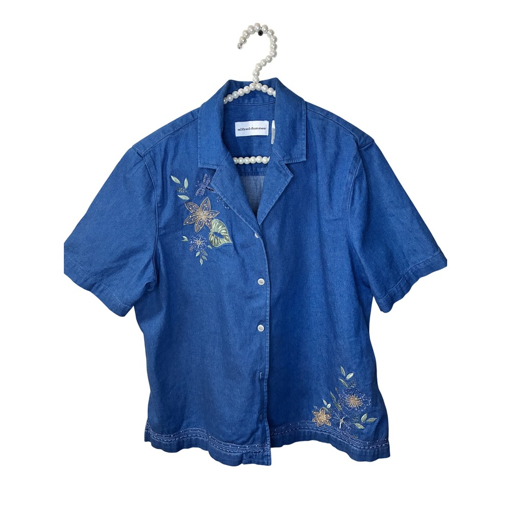 Alfred Dunner Pant Set Womens 12 Blue Good Floral Embroidered Denim 2pc